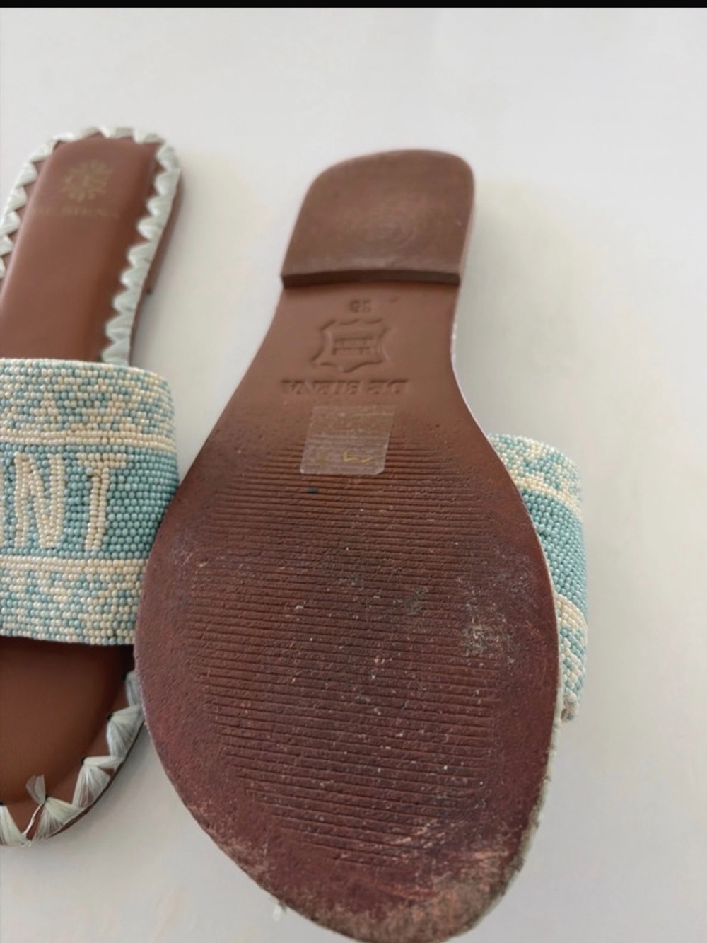 Beaded Slide Sandals in Light Blue and Cream